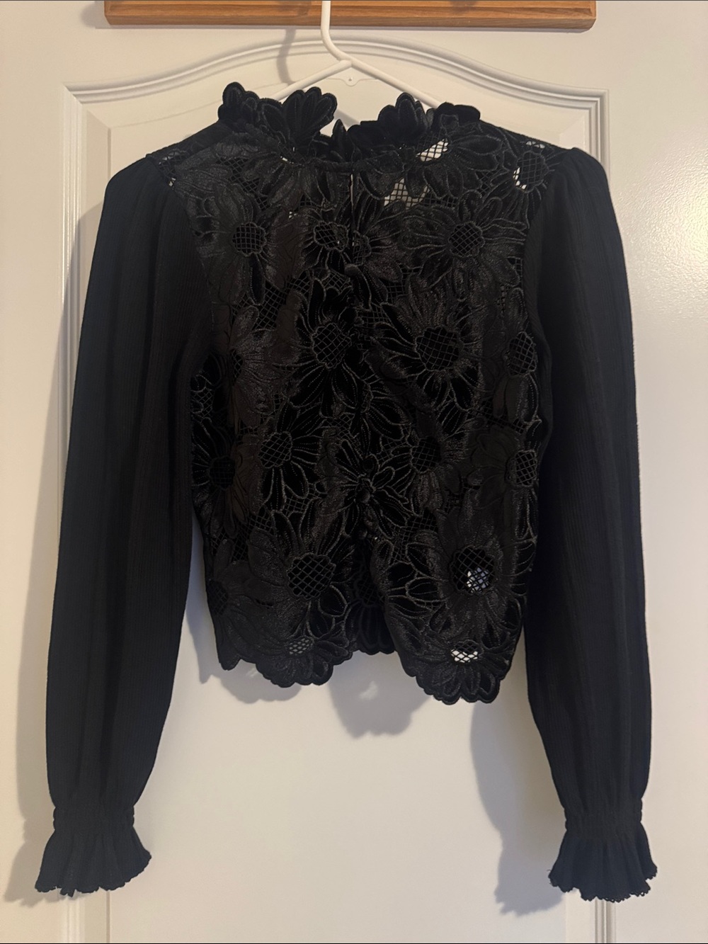 Sandro Black Floral Lace Long-Sleeve Blouse
